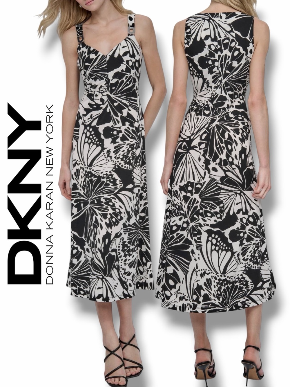 DKNY Women’s Floral Print Matt Jersey Midi Dress in the Size 14 in Black/White